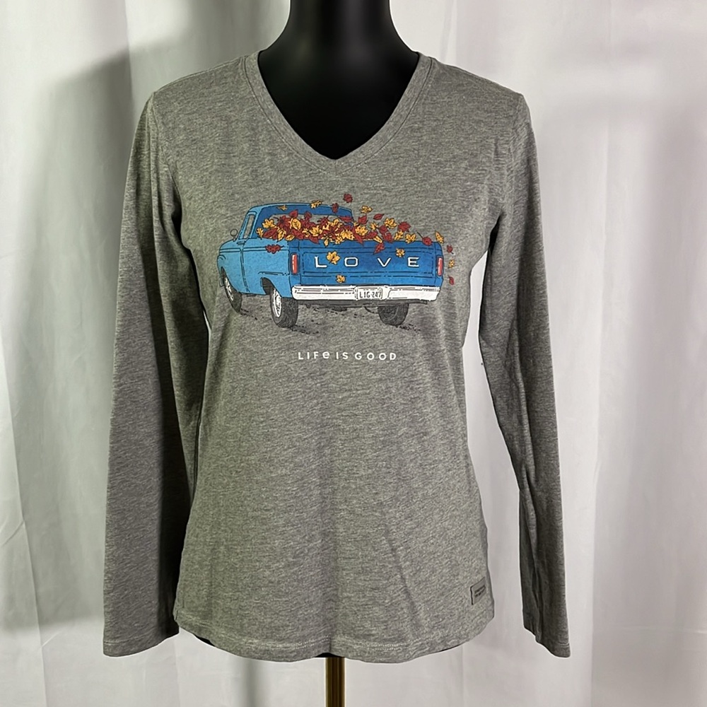 Life Is Good Gray Fall Truck Long Sleeve V-Neck Crusher T-Shirt